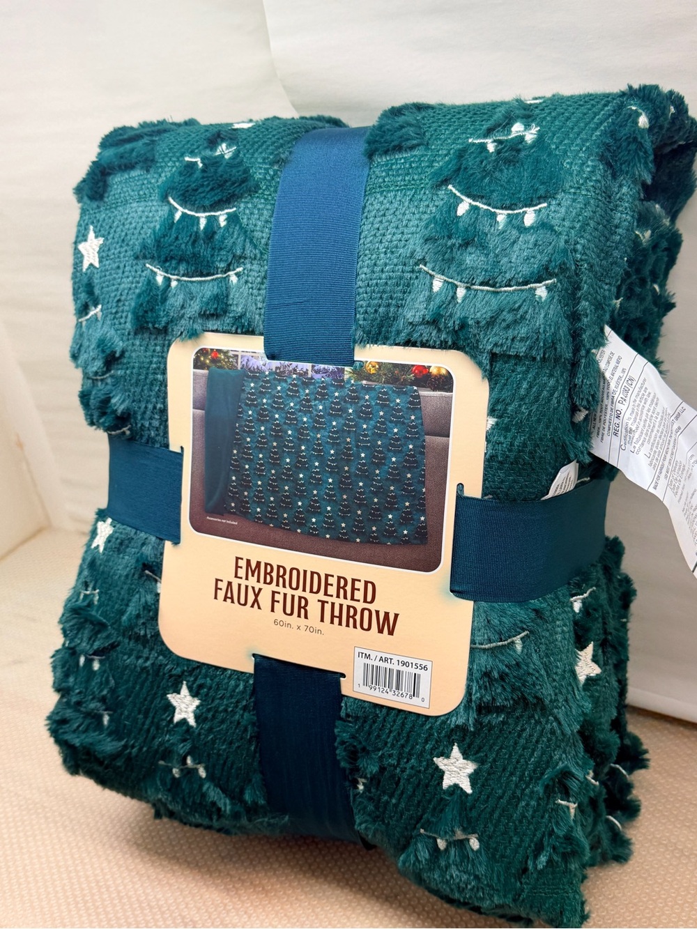 Embroidered Faux Fur Throw Blanket - Teal